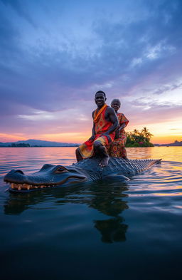 At dusk in the middle of a tranquil lake, a traditional African young man, around 30 years old, with a confident expression and wearing vibrant traditional attire, is riding on the back of a large crocodile alongside an old woman dressed in intricately designed traditional garments