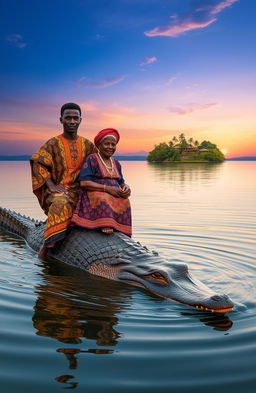 At dusk in the middle of a tranquil lake, a traditional African young man, around 30 years old, with a confident expression and wearing vibrant traditional attire, is riding on the back of a large crocodile alongside an old woman dressed in intricately designed traditional garments