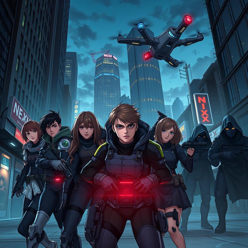 A gripping and intense illustration of Team Kira in action, striving to thwart the sinister plans of a clandestine organization called Nexus