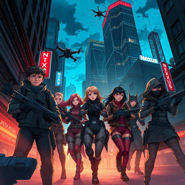 A gripping and intense illustration of Team Kira in action, striving to thwart the sinister plans of a clandestine organization called Nexus