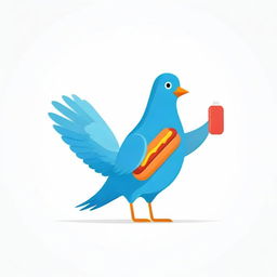 Humorous cartoon of a blue cardboard pigeon fused with a hot dog on a clean white background