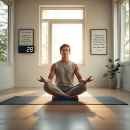 A solitary figure sitting cross-legged on a meditation mat inside a serene and peaceful room, surrounded by nature, with soft sunlight streaming through large windows