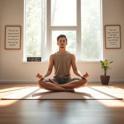 A solitary figure sitting cross-legged on a meditation mat inside a serene and peaceful room, surrounded by nature, with soft sunlight streaming through large windows