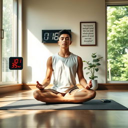 A solitary figure sitting cross-legged on a meditation mat inside a serene and peaceful room, surrounded by nature, with soft sunlight streaming through large windows