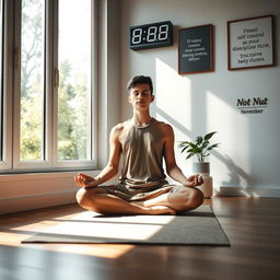 A solitary figure sitting cross-legged on a meditation mat inside a serene and peaceful room, surrounded by nature, with soft sunlight streaming through large windows