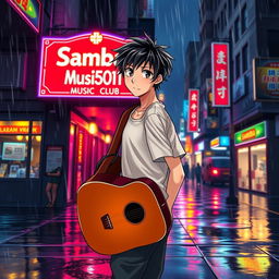 An anime-style illustration of a young man with tousled black hair, confidently walking towards a club named 'Samba1501 Music Club'