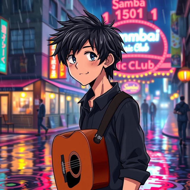 An anime-style illustration of a young man with tousled black hair, confidently walking towards a club named 'Samba1501 Music Club'