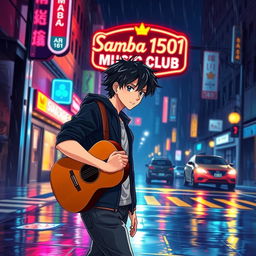 An anime-style illustration of a young man with tousled black hair, confidently walking towards a club named 'Samba1501 Music Club'