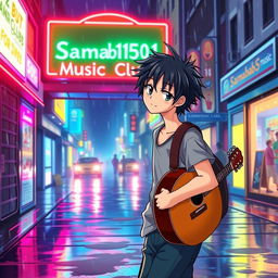 An anime-style illustration of a young man with tousled black hair, confidently walking towards a club named 'Samba1501 Music Club'