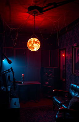 A haunted podcast studio illuminated by eerie, ambient lighting