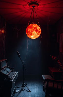 A haunted podcast studio illuminated by eerie, ambient lighting