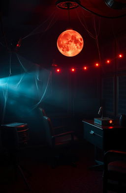 A haunted podcast studio illuminated by eerie, ambient lighting