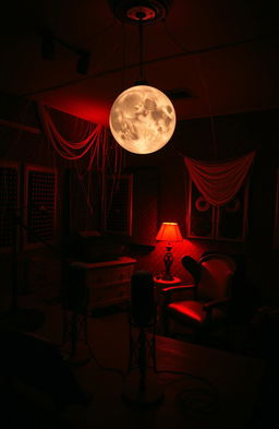 A haunted podcast studio illuminated by eerie, ambient lighting