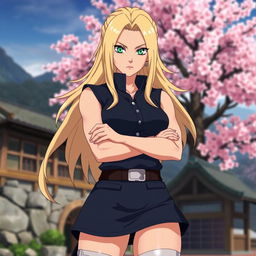 A powerful and confident woman with long blonde hair and green eyes, resembling Tsunade from the anime series Naruto