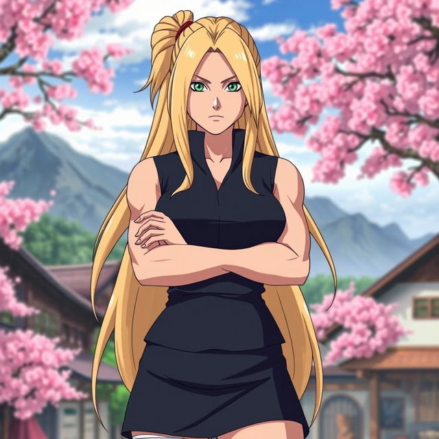 A powerful and confident woman with long blonde hair and green eyes, resembling Tsunade from the anime series Naruto