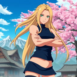 A powerful and confident woman with long blonde hair and green eyes, resembling Tsunade from the anime series Naruto
