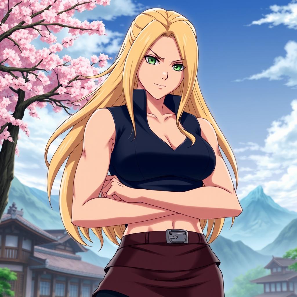 A powerful and confident woman with long blonde hair and green eyes, resembling Tsunade from the anime series Naruto