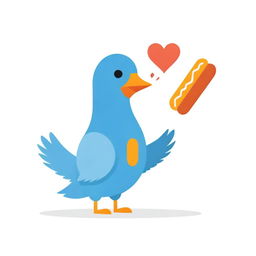 A playful, cartoonish blue cardboard pigeon intersecting with a hot dog, set against a flawless white background