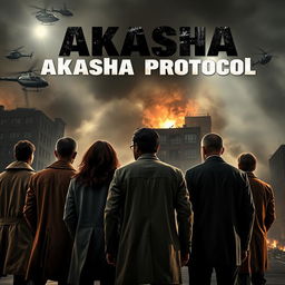 A dramatic scene featuring a detective group of five members, their backs facing the viewer, intently watching as a building is being destroyed in front of them