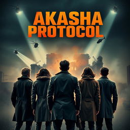A dramatic scene featuring a detective group of five members, their backs facing the viewer, intently watching as a building is being destroyed in front of them