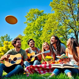 A picturesque scene depicting friendship, capturing a diverse group of friends laughing and having fun together in a beautiful park