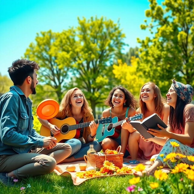 A picturesque scene depicting friendship, capturing a diverse group of friends laughing and having fun together in a beautiful park