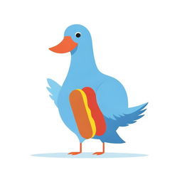 A playful, cartoonish blue cardboard pigeon intersecting with a hot dog, set against a flawless white background