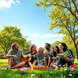 A picturesque scene depicting friendship, capturing a diverse group of friends laughing and having fun together in a beautiful park