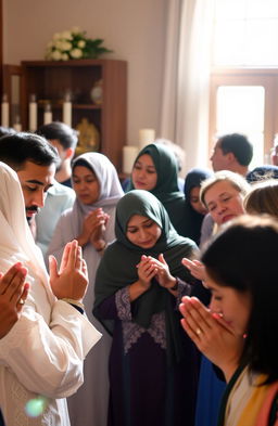 A diverse group of people praying together in a serene and peaceful environment