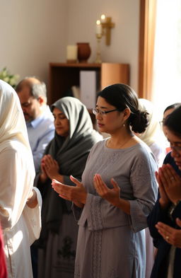 A diverse group of people praying together in a serene and peaceful environment