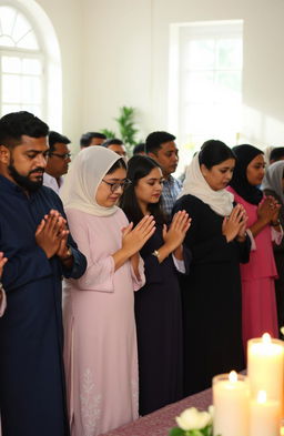 A diverse group of people praying together in a serene and peaceful environment