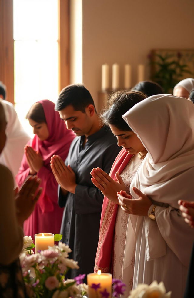 A diverse group of people praying together in a serene and peaceful environment