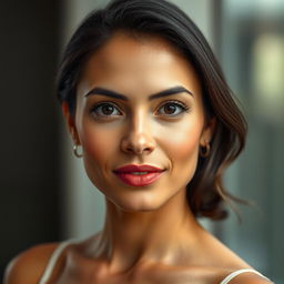 A portrait in ultra high definition of a Latin woman with an oval-shaped face