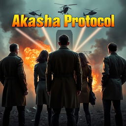 An intense scene featuring a detective group of five members, their backs facing the viewer as they stand together, watching a building being dramatically destroyed