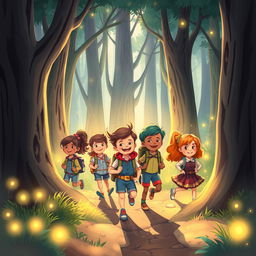 A vibrant, whimsical illustration depicting a group of diverse children embarking on a courageous quest