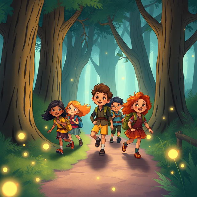 A vibrant, whimsical illustration depicting a group of diverse children embarking on a courageous quest