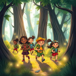 A vibrant, whimsical illustration depicting a group of diverse children embarking on a courageous quest
