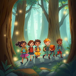 A vibrant, whimsical illustration depicting a group of diverse children embarking on a courageous quest