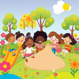 A whimsical illustration of friendship among children, showcasing a group of diverse kids playing together in a colorful playground