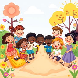 A whimsical illustration of friendship among children, showcasing a group of diverse kids playing together in a colorful playground
