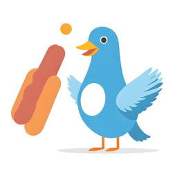 A playful, cartoonish blue cardboard pigeon intersecting with a hot dog, set against a flawless white background