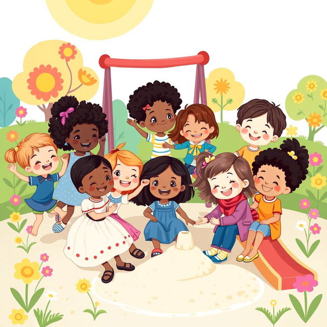 A whimsical illustration of friendship among children, showcasing a group of diverse kids playing together in a colorful playground