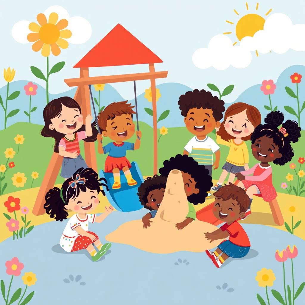 A whimsical illustration of friendship among children, showcasing a group of diverse kids playing together in a colorful playground