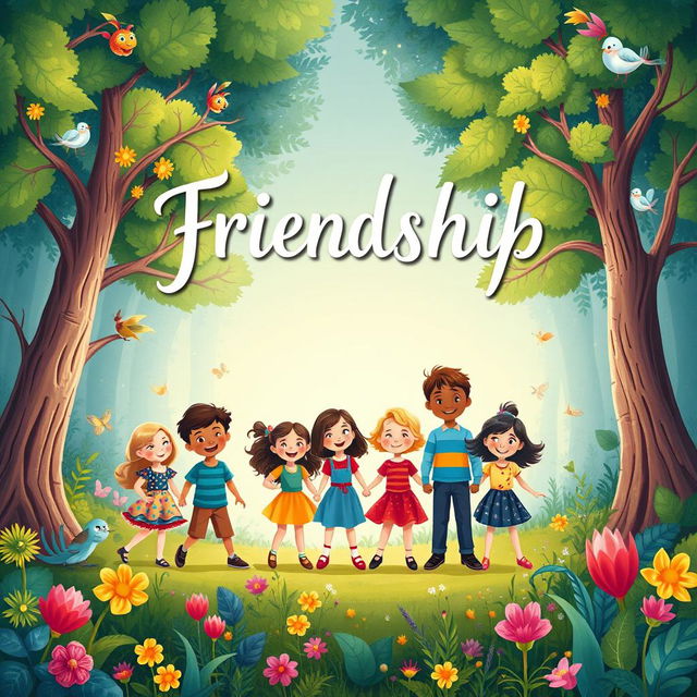 A captivating book cover illustration focused on childhood friendship, featuring a group of diverse children holding hands and smiling joyfully in a vibrant, enchanted forest