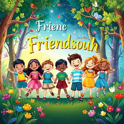 A captivating book cover illustration focused on childhood friendship, featuring a group of diverse children holding hands and smiling joyfully in a vibrant, enchanted forest