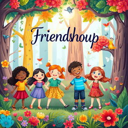 A captivating book cover illustration focused on childhood friendship, featuring a group of diverse children holding hands and smiling joyfully in a vibrant, enchanted forest