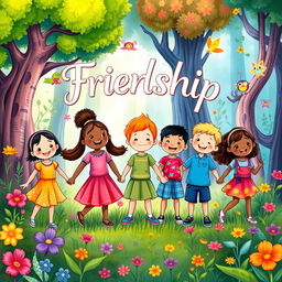 A captivating book cover illustration focused on childhood friendship, featuring a group of diverse children holding hands and smiling joyfully in a vibrant, enchanted forest