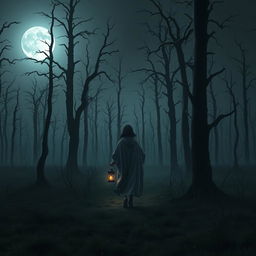 A dark and misty forest, devoid of grass, filled with towering dead trees that exude an eerie presence