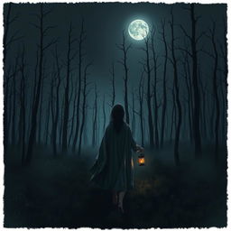 A dark and misty forest, devoid of grass, filled with towering dead trees that exude an eerie presence