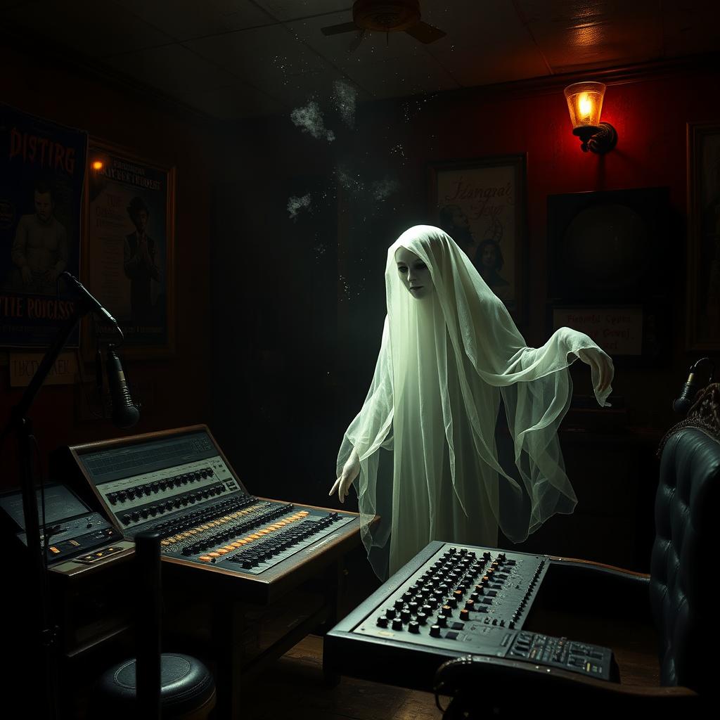 A haunted podcast studio featuring a lost soul, depicted as a ghostly figure drifting through the space